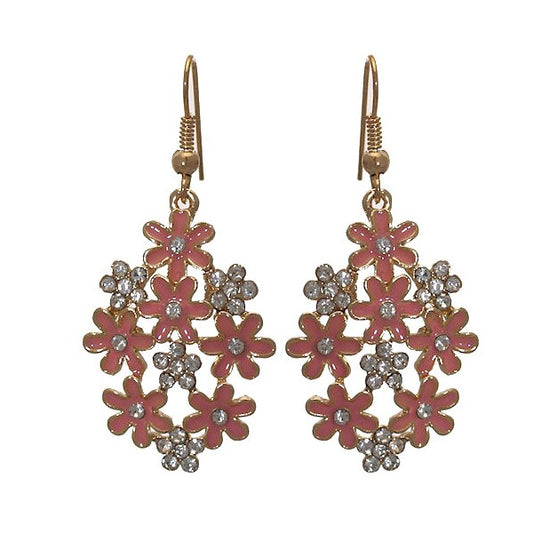 PRETTY Gold tone Peach Flower Crystal Hook Earrings