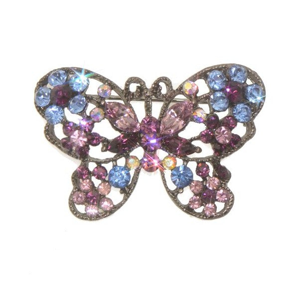 PRUDENCE Hematite Blue Pink Crystal Butterfly Brooch