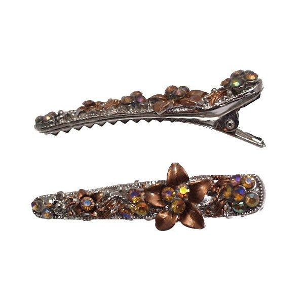 QETESH Silver Pair Amber Crystal Hair Slides