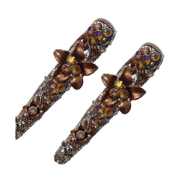 QETESH Silver Pair Amber Crystal Hair Slides