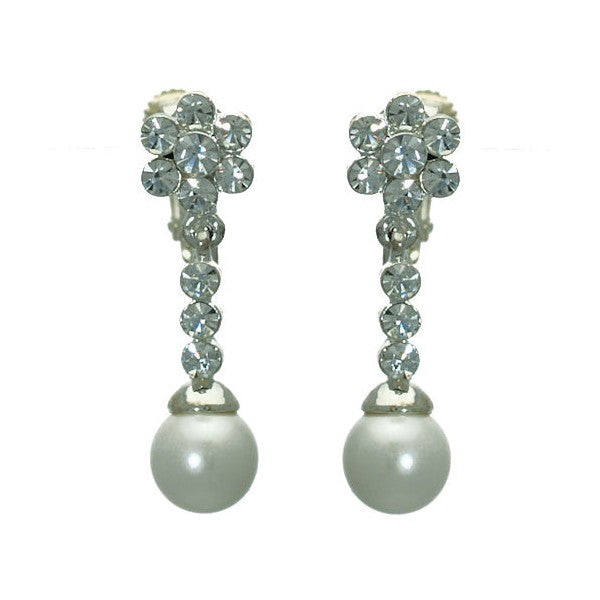 Rallentando Silver Crystal Pearl Clip On Earrings