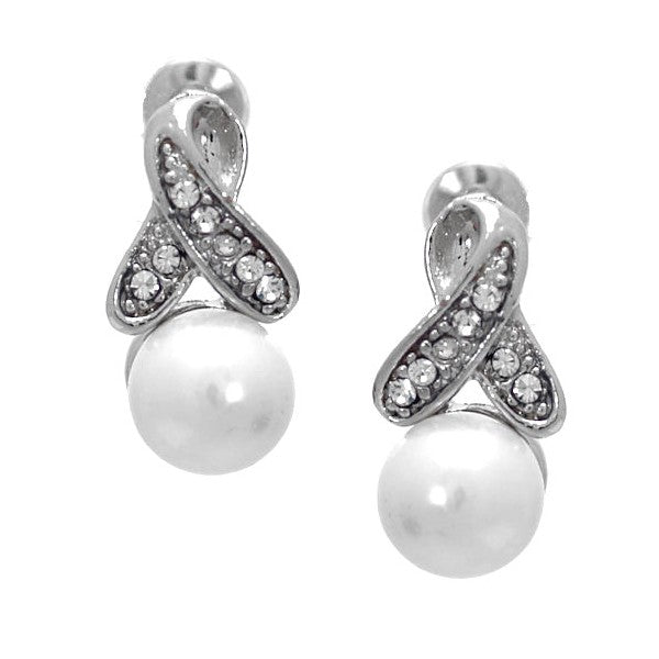 Reeta Silver Plated Crystal White faux Pearl Post Earrings