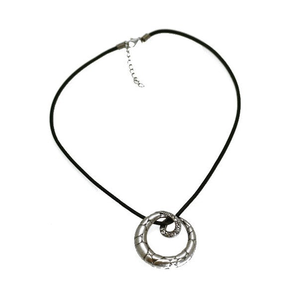 Rondella Silver tone Crystal Black Cord Necklace