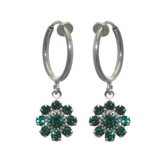 ROSINA CERCEAU Silver Plated Emerald Crystal Flower Clip On Earrings