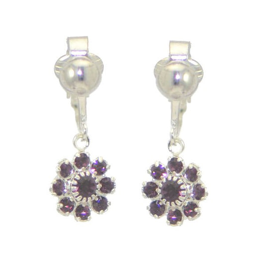 ROSINA Silver Plated Amethyst Flower Crystal Clip On Earrings