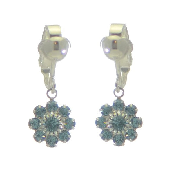 ROSINA Silver Plated Aquamarine Crystal Flower Clip On earrings