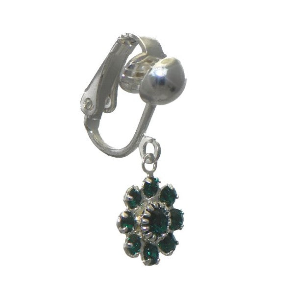 ROSINA Silver Plated Emerald Crystal Flower Clip On Earrings