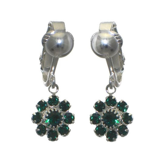 ROSINA Silver Plated Emerald Crystal Flower Clip On Earrings