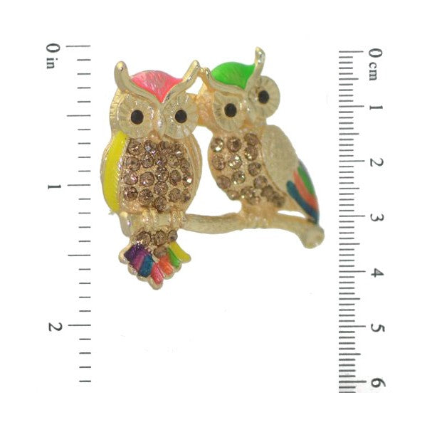 RUSTY Gold tone and Multi Coloured Pair Owls Brooch