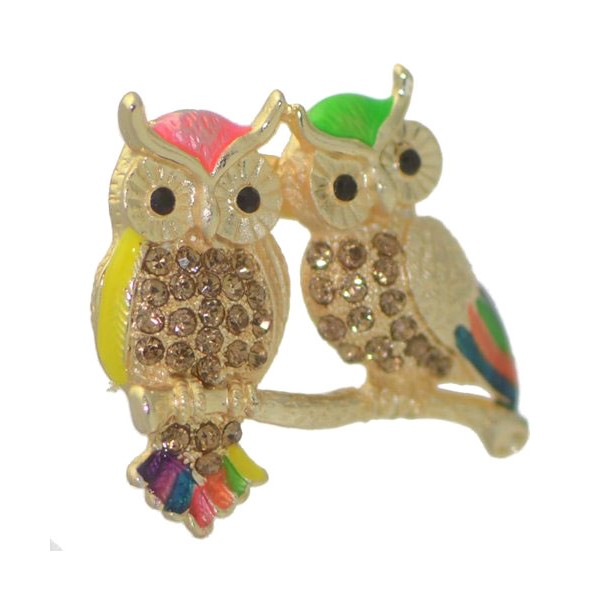 RUSTY Gold tone and Multi Coloured Pair Owls Brooch