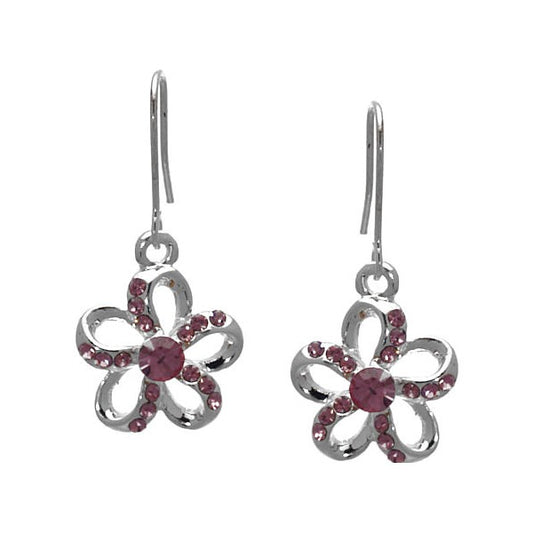 Serenity Silver tone Rose Crystal Hook Earrings