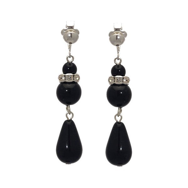 SHALANI Silver plated Black faux Pearl Crystal Clip On Earrings