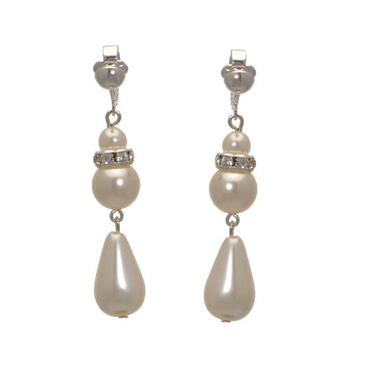 SHALANI Silver plated White faux Pearl Crystal Clip On Earrings