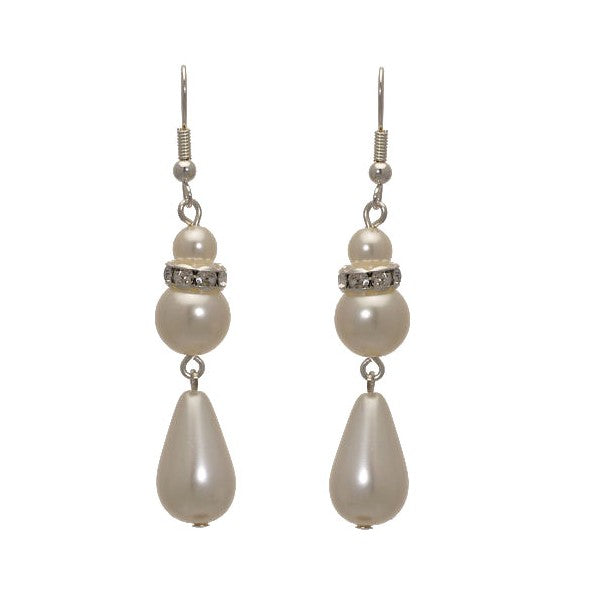 SHALANI Silver tone White faux Pearl Crystal Hook Earrings