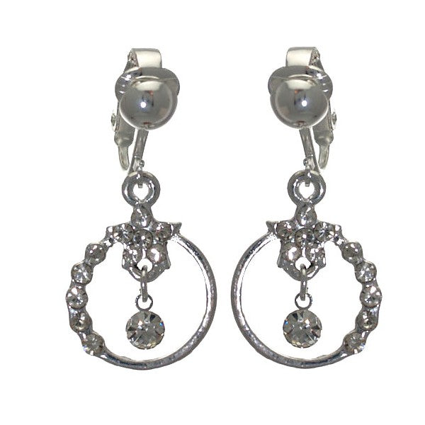 SHARONA Silver tone Crystal Hoop Clip On Earrings