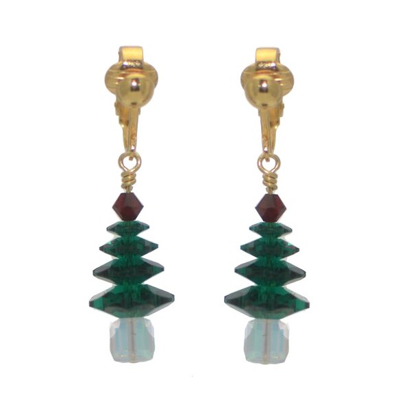 SPARKLING PINE Gold Plated Emerald Xmas Tree Clip Earrings