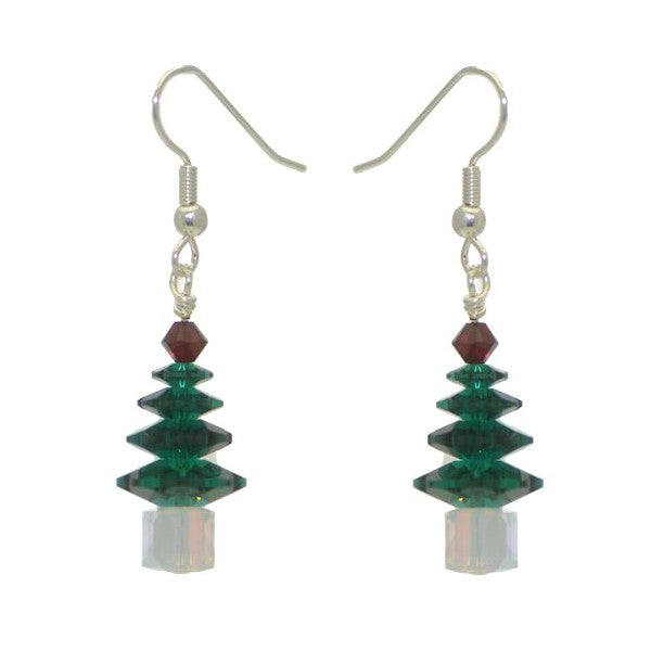 SPARKLING PINE Silver Plated Emerald Xmas Tree Hook Earrings