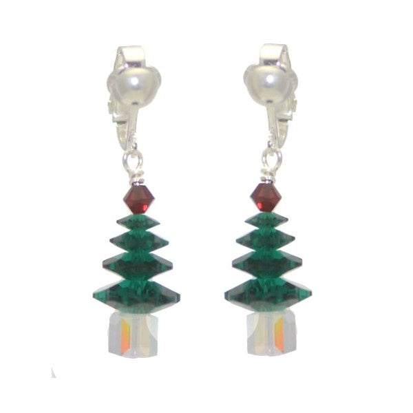 SPARKLING PINE Silver Plated Emerald XmasTree ClipOn Earring
