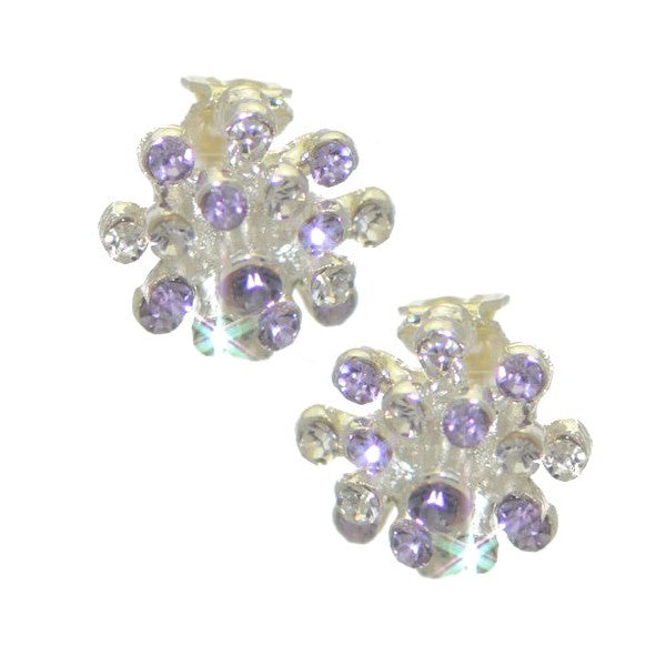 STARBURST Silver tone Amethyst and Clear Crystal Clip On Earrings