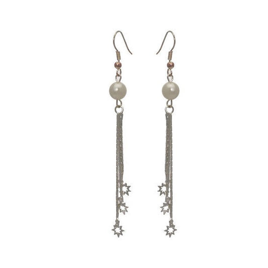 Starburst Silver tone faux Pearl Drop Hook Earrings