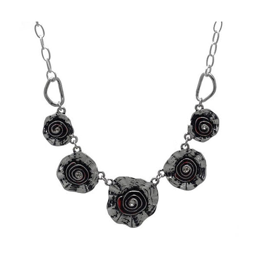 Temptation Silver tone Black Flower Necklace