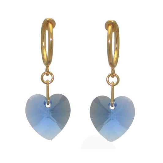 VALENTINE CERCEAU Gold Plated Sapphire blue Crystal Heart Clip On Earrings