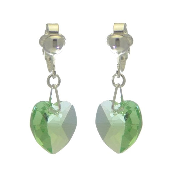 VALENTINE CERCEAU Silver Plated Peridot green Crystal Heart Clip On Earrings