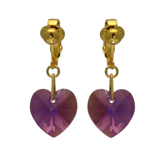 VALENTINE Gold Plated Amethyst AB Crystal Heart Clip On Earrings