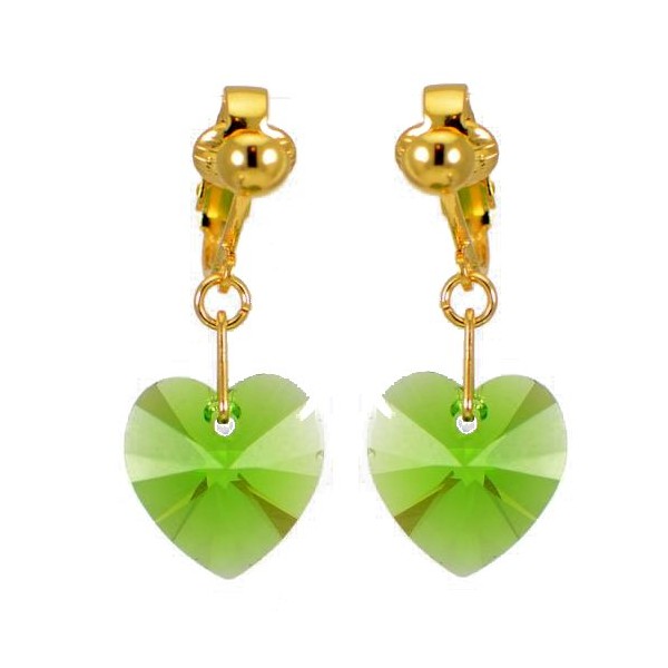 VALENTINE Gold Plated Fern Green Crystal Heart Clip On Earrings