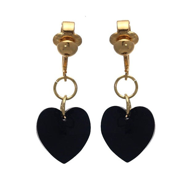 VALENTINE Gold Plated Jet Black Heart Clip On Earrings