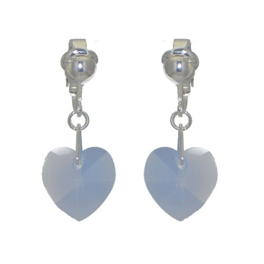 VALENTINE Silver Plated Blue Opal Crystal Heart Clip Earrings