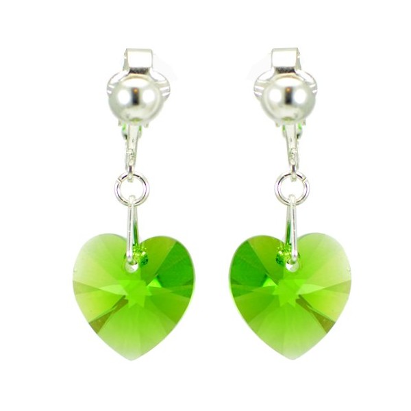 VALENTINE Silver Plated Fern Green Crystal Heart Clip Earrings