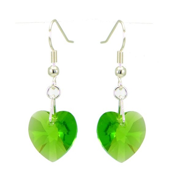 VALENTINE Silver Plated Fern Green Crystal Heart Hook Earrings