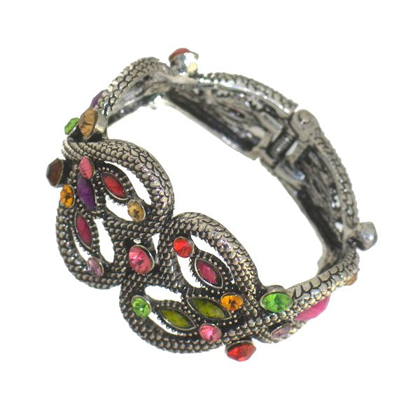VERITY Antique Silver tone Multi Colour Crystal Hinged Bangle