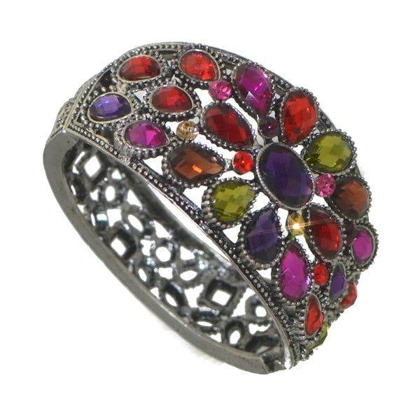 VIENNA Antique Silver tone Multi Colour Crystal Hinged Bangle