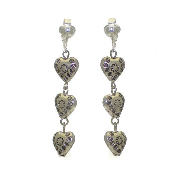 YUSRA Silver plated Triple Heart Drop Clip On Earrings